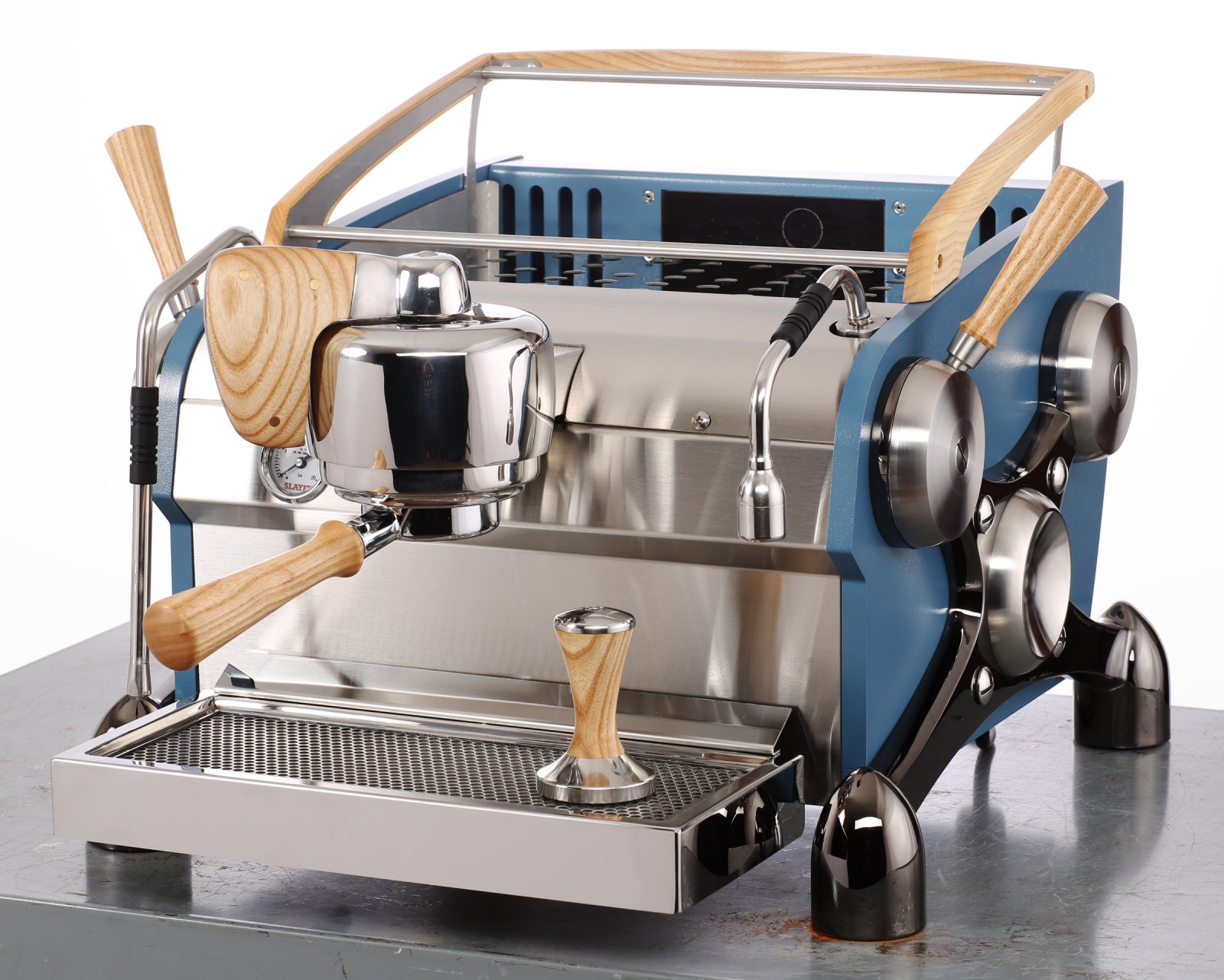 Slayer Espresso 1 Group Body Powder Coated Blue X Legs Plated Black Nickel Ash Wood Accents Slayer Espresso 1 Group Body Powder Coated Blue X Legs Plated Black Nickel Ash Wood Accents