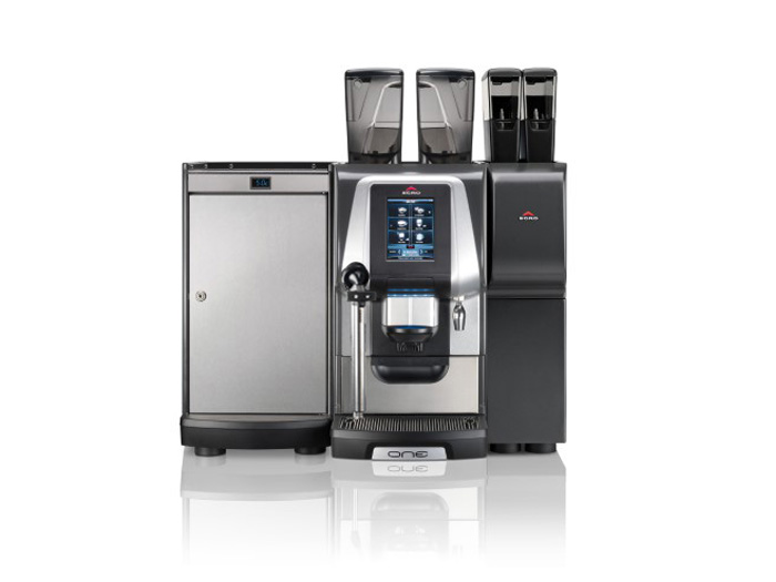 This image is a front view of the ONE Top Milk XP espresso machine, 1 group with adjustable height and automatic 1 or 2 step dosing controls, attatched steam wand and powder module.