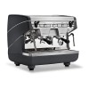 This image is a front-side view of the Nuova Simonelli Appia II Compact 2 group espresso machine in Standard Black, with traditional brew group height and semi-automatic dosing controls.