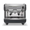 This image is a front view of the Nuova Simonelli Appia II Compact 2 group espresso machine in Standard Black, with traditional brew group height and volumetric dosing controls.