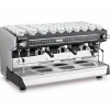 This image is a front-side view of the Rancilio Classe 9 USB tall espresso machine in 3 groups with a larger group area at traditional height with volumetric dosing controls.