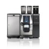 This image is a front view of the ONE Top Milk XP espresso machine, 1 group with adjustable height and automatic 1 or 2 step dosing controls, attatched steam wand and powder module.