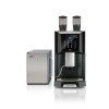 This image is a front view of the Egro ZERO Quick Milk espresso machine, 1 group with adjustable height, automatic 1-step dosing controls and quick milk fridge attached.
